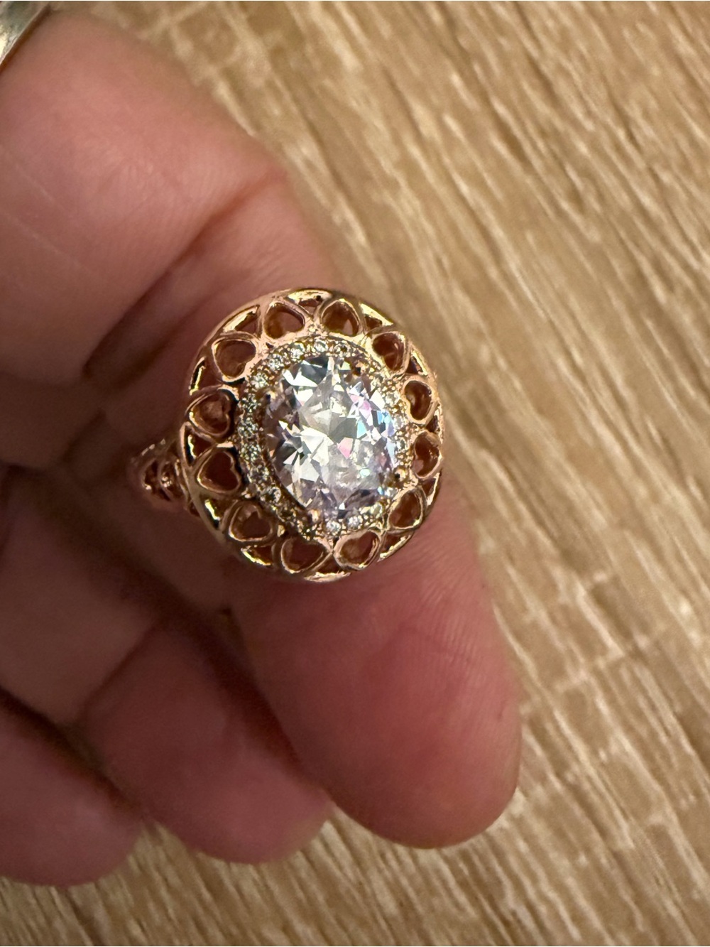 Gold-Tone Oval Halo Cocktail Ring with Clear Center Stone
